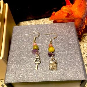 Locket & Key Green Stone & Purple Bead Earrings